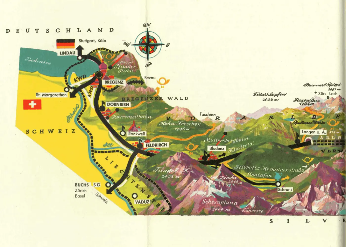 alte Landkarte von Vorarlberg - Vespa-Touren auf Motorroller-Routen durch Österreich