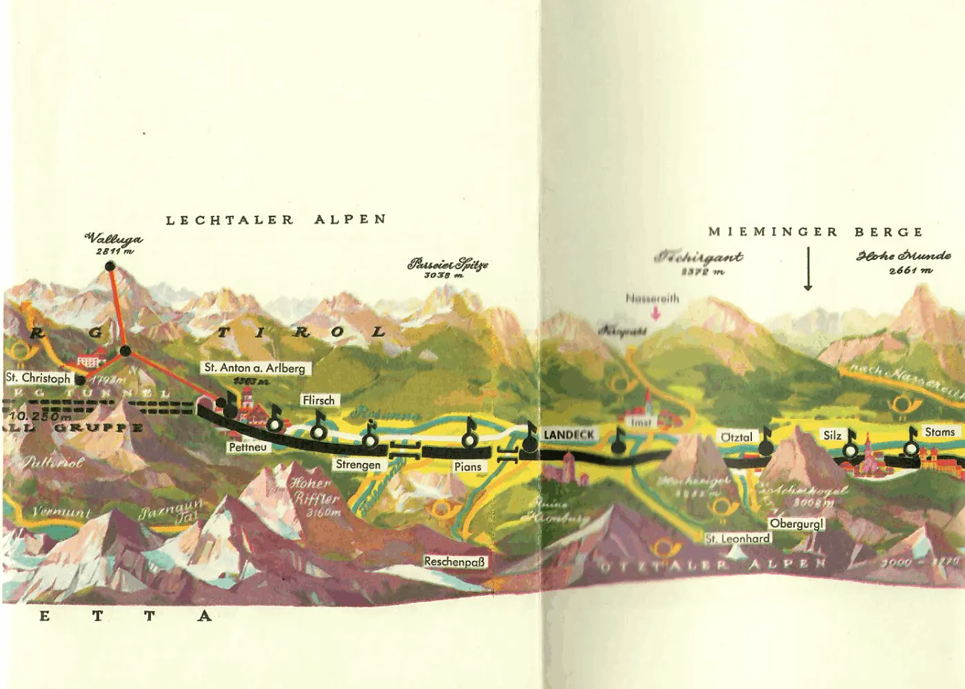 alte Landkarte vom Arlbergtunnel und dem Tiroler Oberland - Vespa-Touren auf Motorroller-Routen durch Österreich