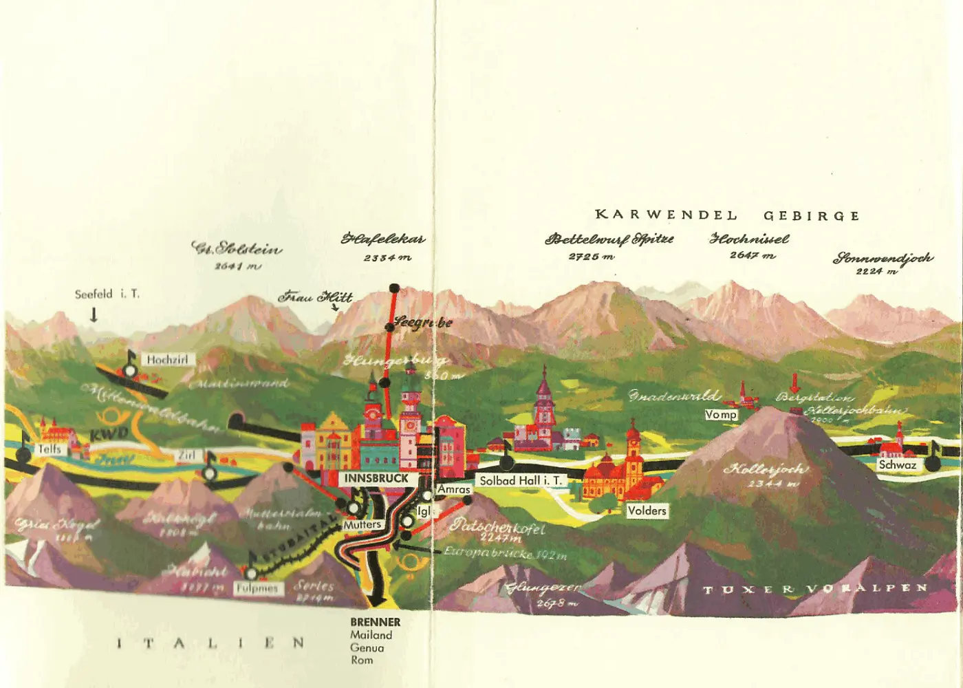 alte Landkarte von Innsbruck - Vespa-Touren auf Motorroller-Routen durch Österreich