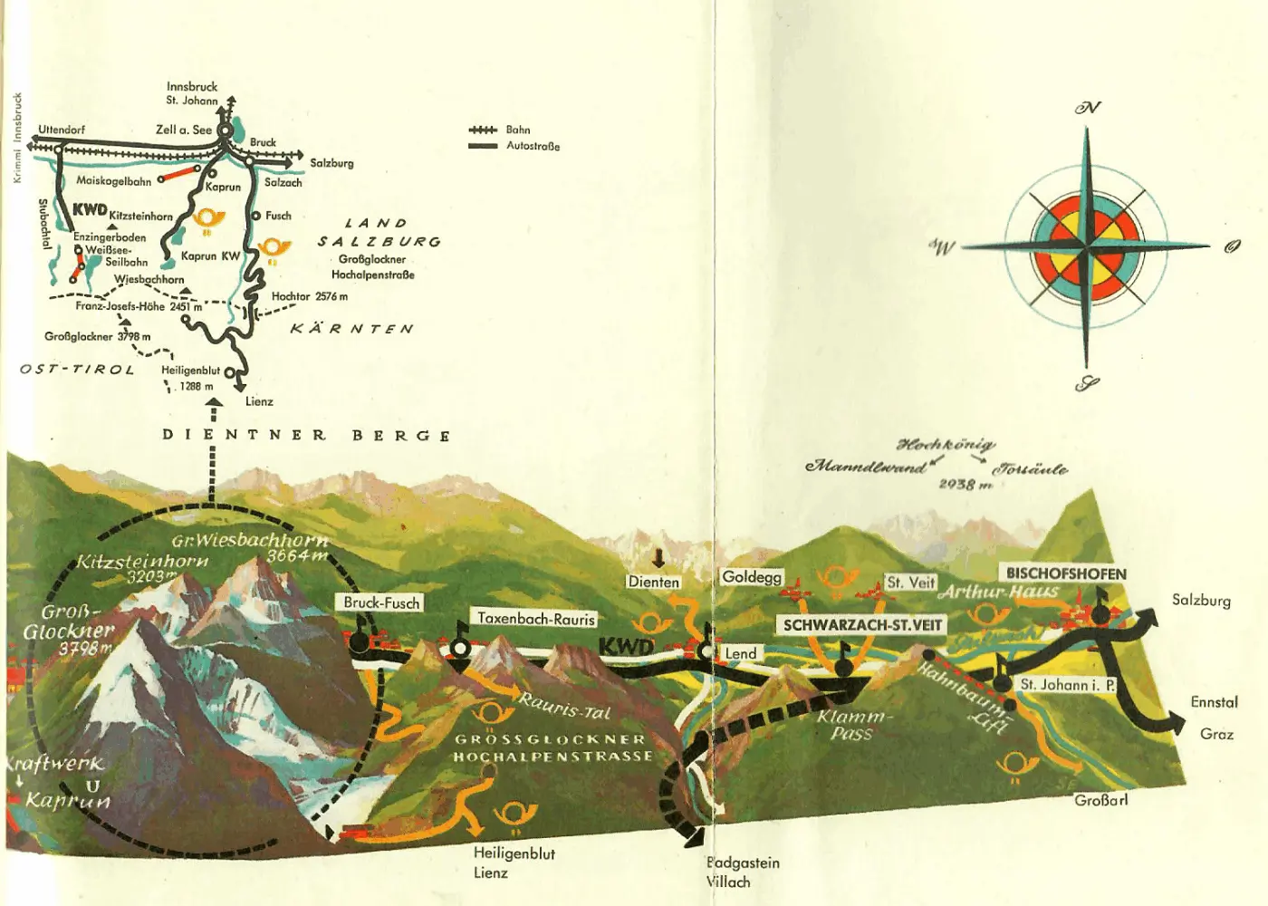 alte Landkarte von der  Glockner Hochalpenstraße von Salzburg nach Kärnten - Vespa-Touren auf Motorroller-Routen durch Österreich