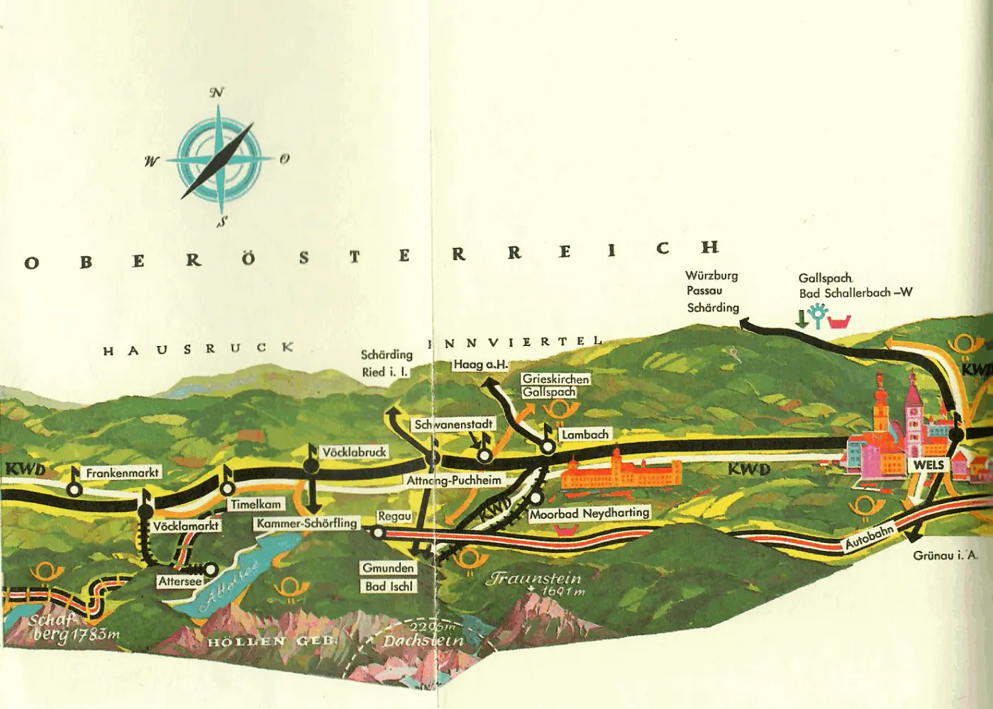 alte Landkarte von Oberösterreich - Vespa-Touren auf Motorroller-Routen durch Österreich