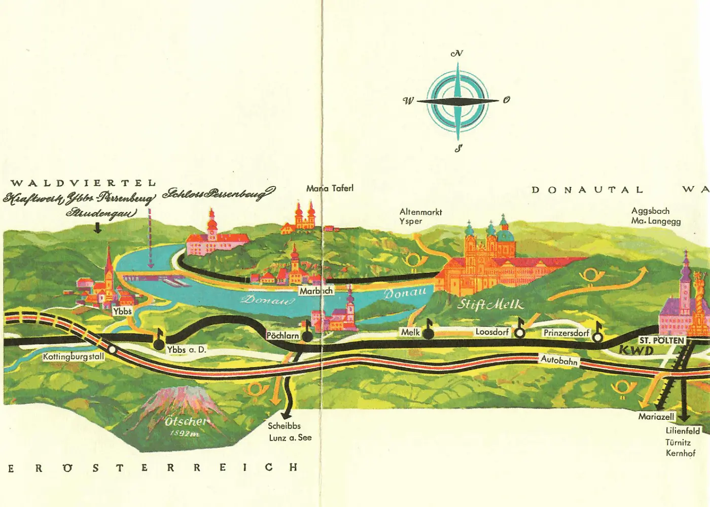 alte Landkarte entlang der Donau nach St. Pölten - Vespa-Touren auf Motorroller-Routen durch Österreich