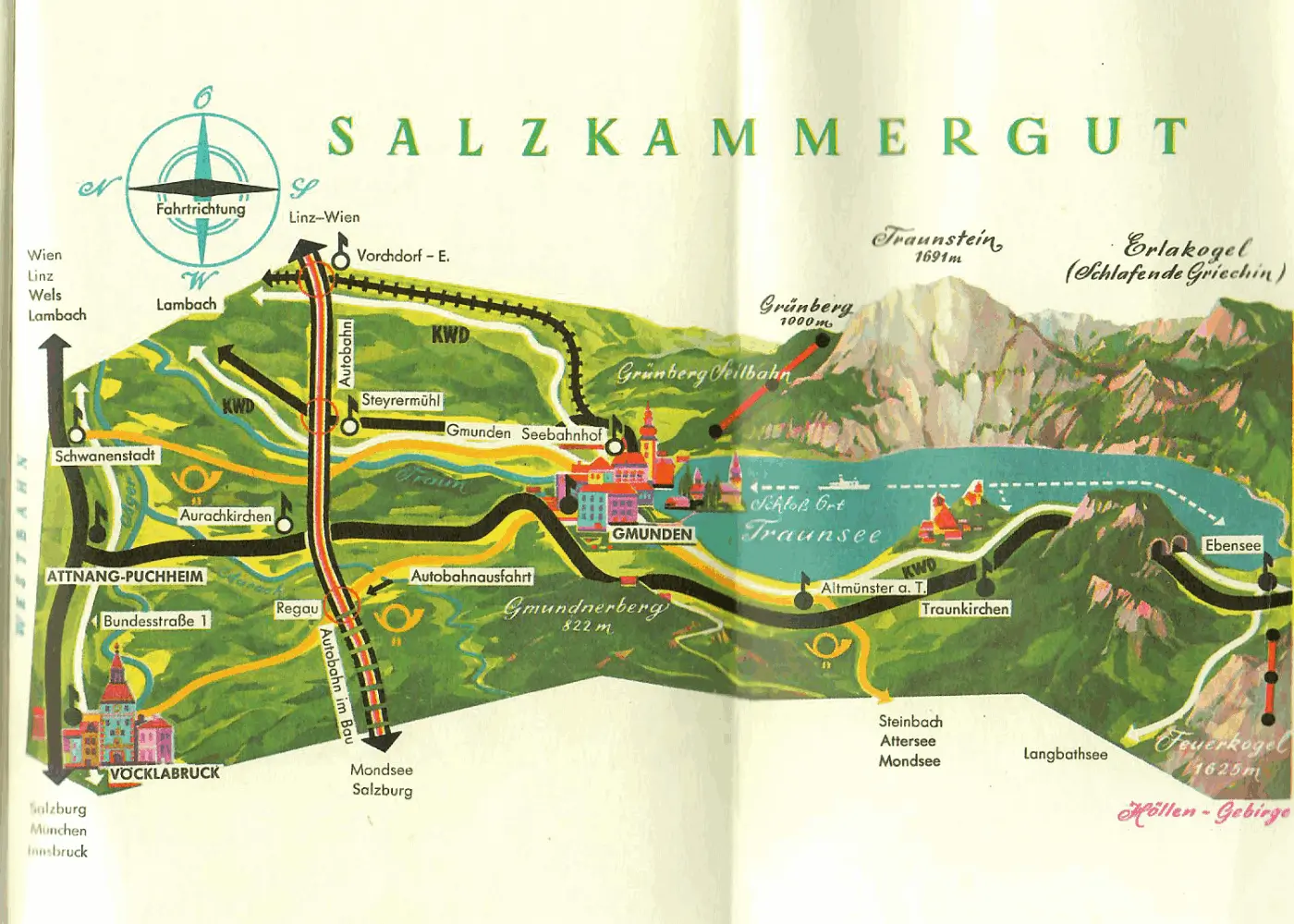 alte Landkarte vom Traunsee - Vespa-Touren auf Motorroller-Routen durch Österreich