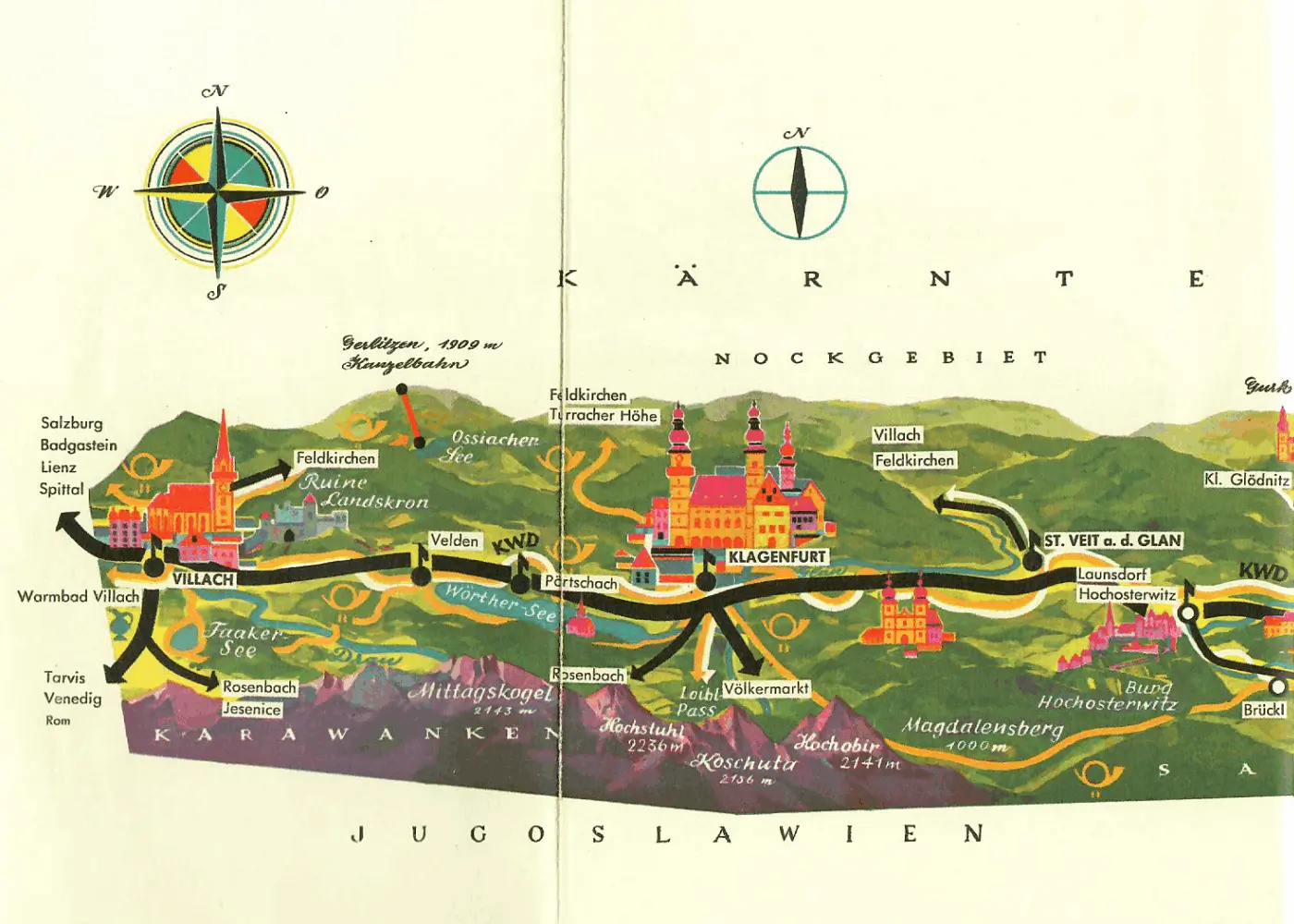 alte Landkarte von Villach, Klagenfurt und Umgebung - Vespa-Touren auf Motorroller-Routen durch Österreich