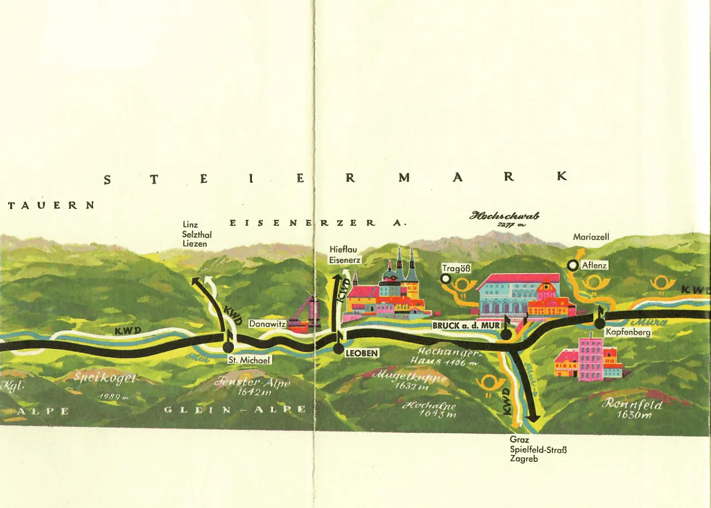 alte Landkarte von Bruck an der Mur und Umgebung - Vespa-Touren auf Motorroller-Routen durch Österreich