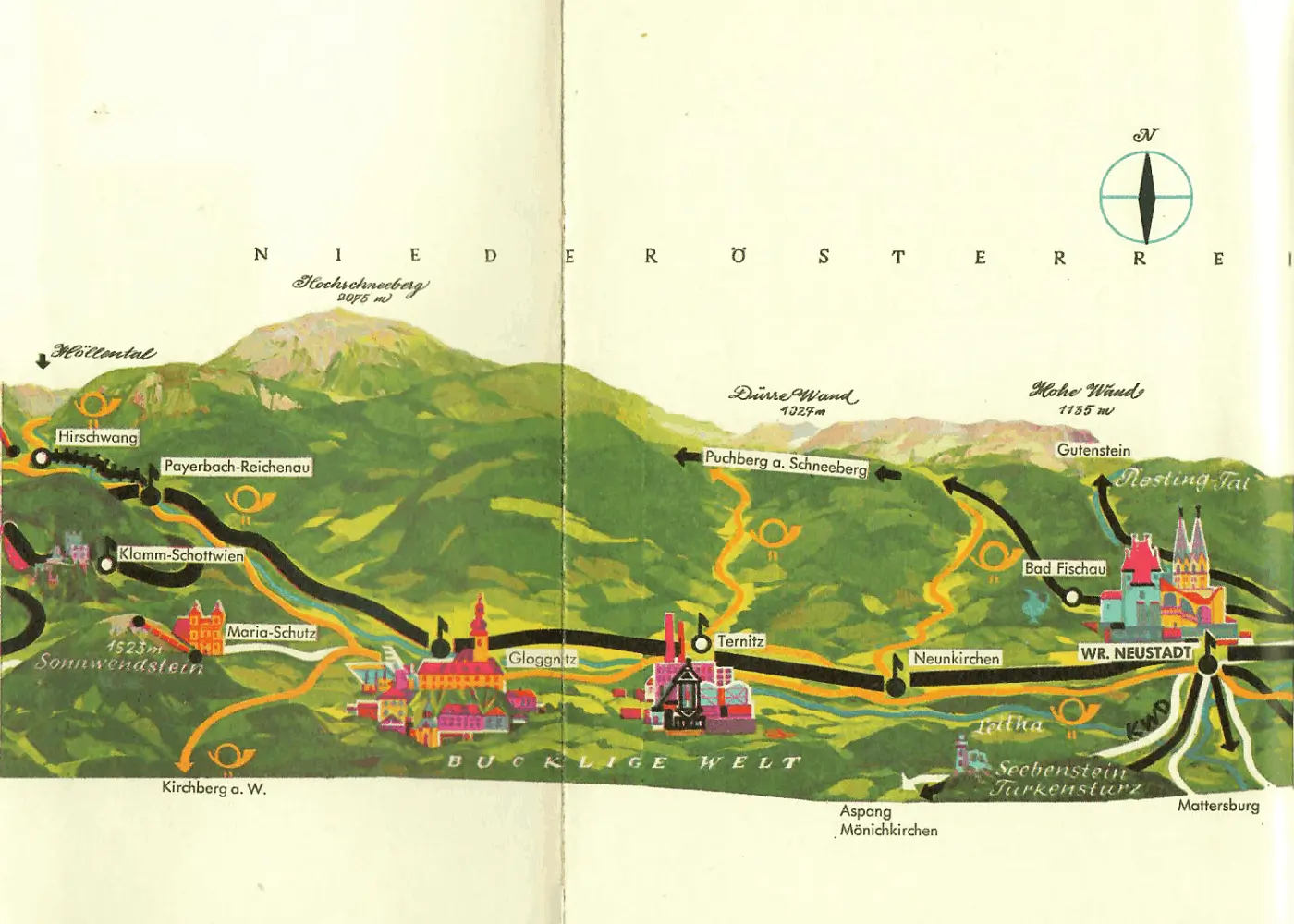 alte Landkarte vom Semmering nach Wiener Neustadt - Vespa-Touren auf Motorroller-Routen durch Österreich